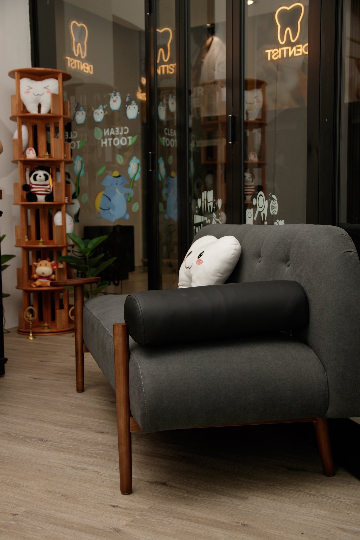 The practice waiting area with a sofa